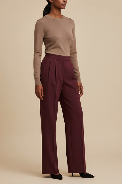 Pantalon À Pince Bordeaux Plissé Ample Femme Élégant - Polyester