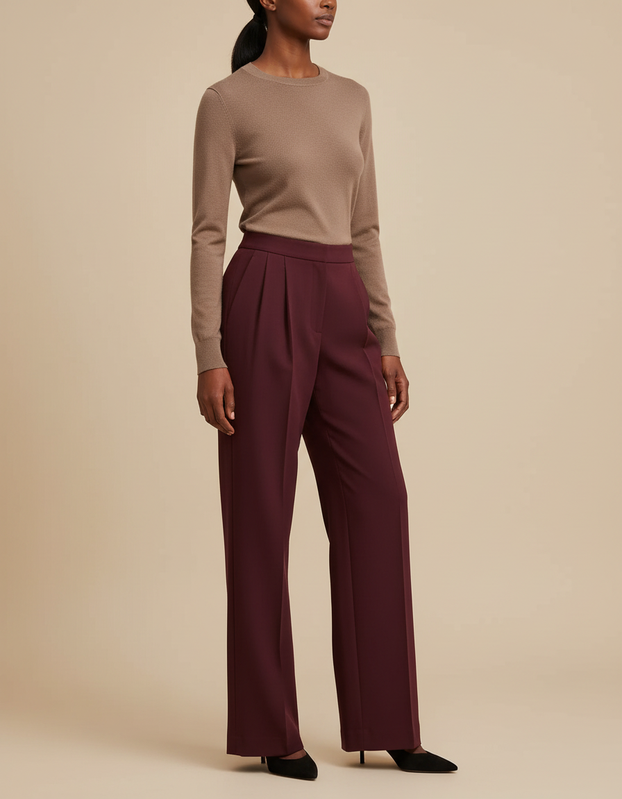 Pantalon À Pince Bordeaux Plissé Ample Femme Élégant - Polyester