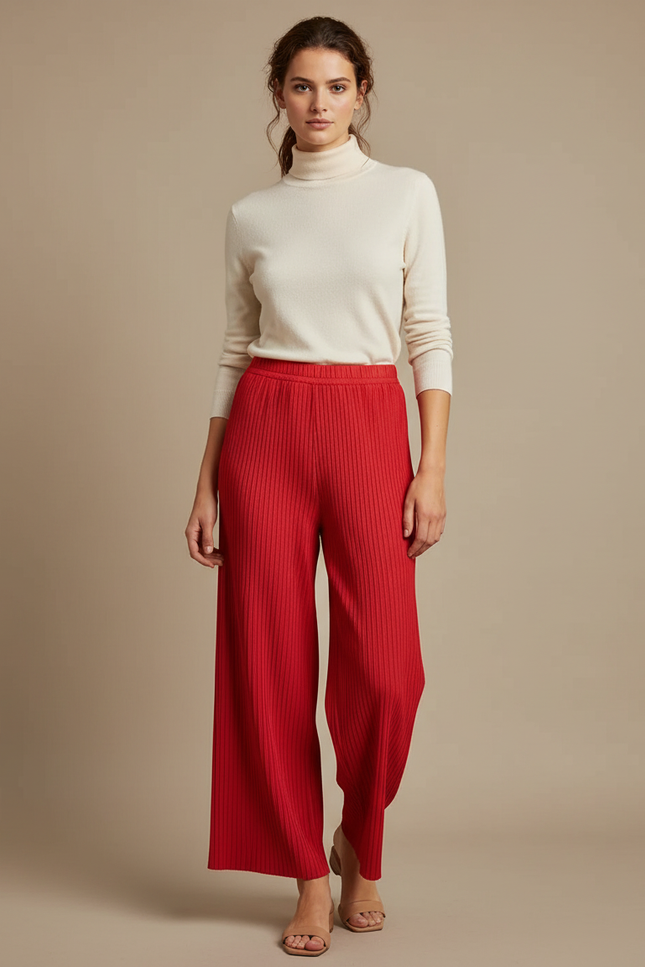 Pantalon À Pince Rouge Plissé Ample Décontracté Fluide - Maille