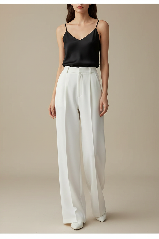 Pantalon À Pince Blanc Plissé Ample Taille Haute Femme - Polyester