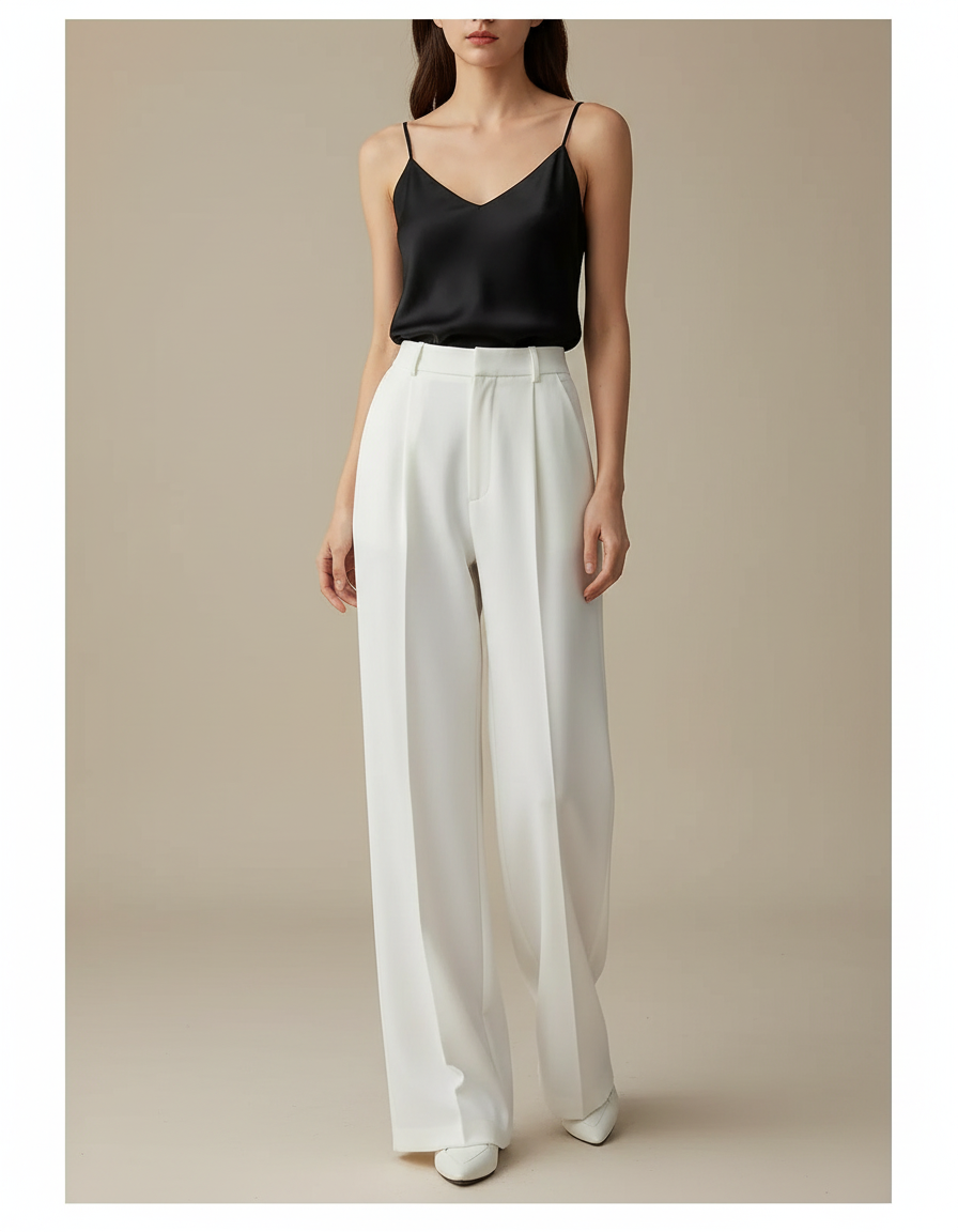 Pantalon À Pince Blanc Plissé Ample Taille Haute Femme - Polyester