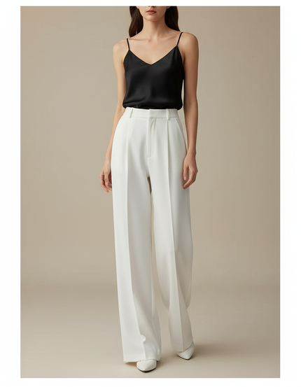 Pantalon À Pince Blanc Plissé Ample Taille Haute Femme - Polyester