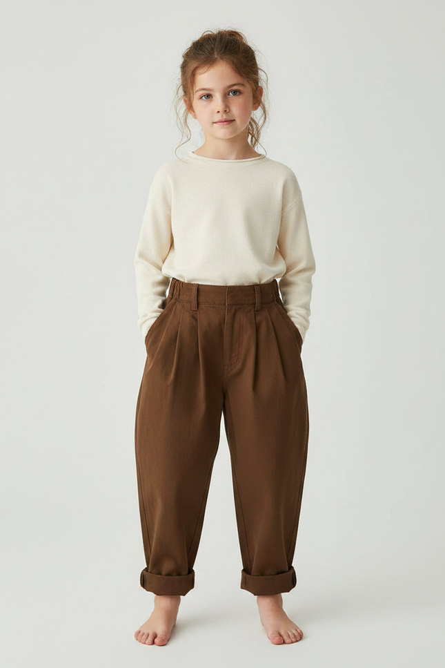 Pantalon À Pince Marron Ample Coton Enfant Décontracté