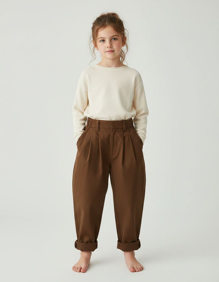 Pantalon À Pince Marron Ample Coton Enfant Décontracté