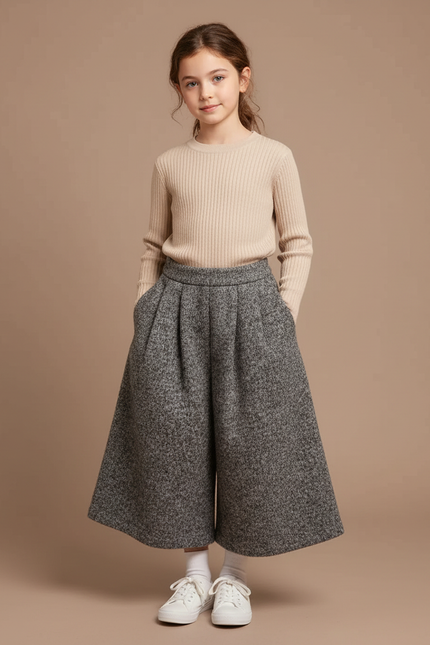 Pantalon À Pince Gris Chiné Ample Hiver Enfant - Tweed