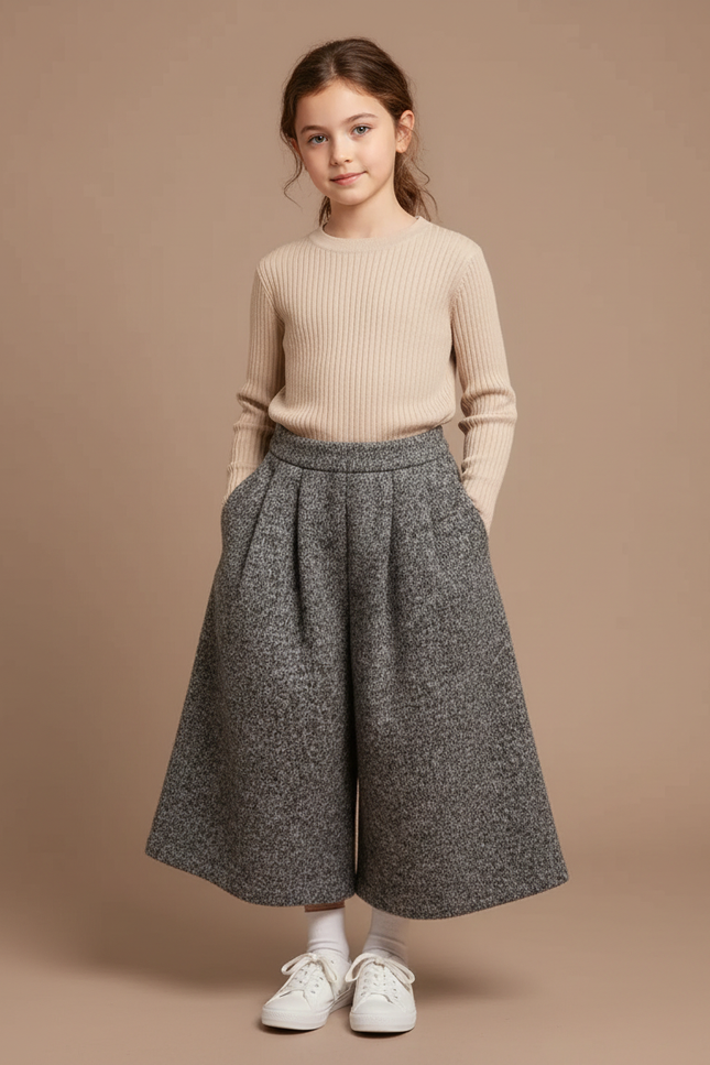 Pantalon À Pince Gris Chiné Ample Hiver Enfant - Tweed