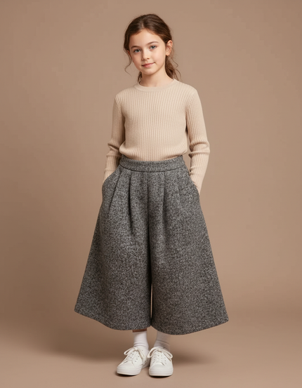 Pantalon À Pince Gris Chiné Ample Hiver Enfant - Tweed