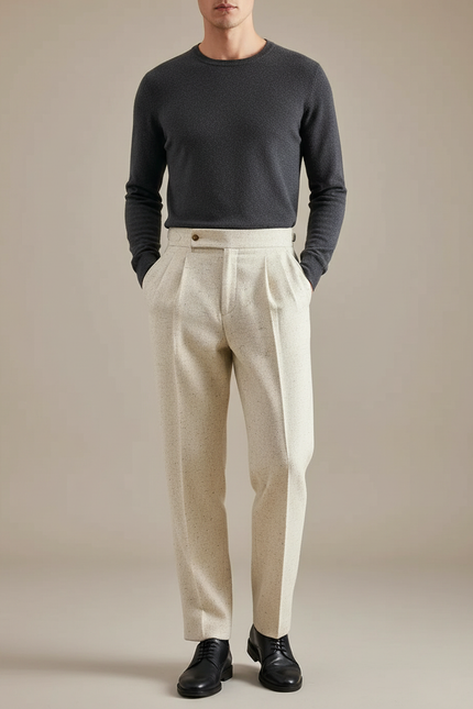 Pantalon À Pince Crème Tweed Plissé Droit Homme - Beige