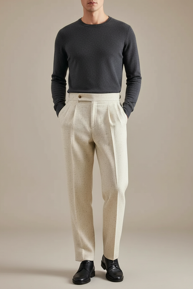 Pantalon À Pince Crème Tweed Plissé Droit Homme - Beige