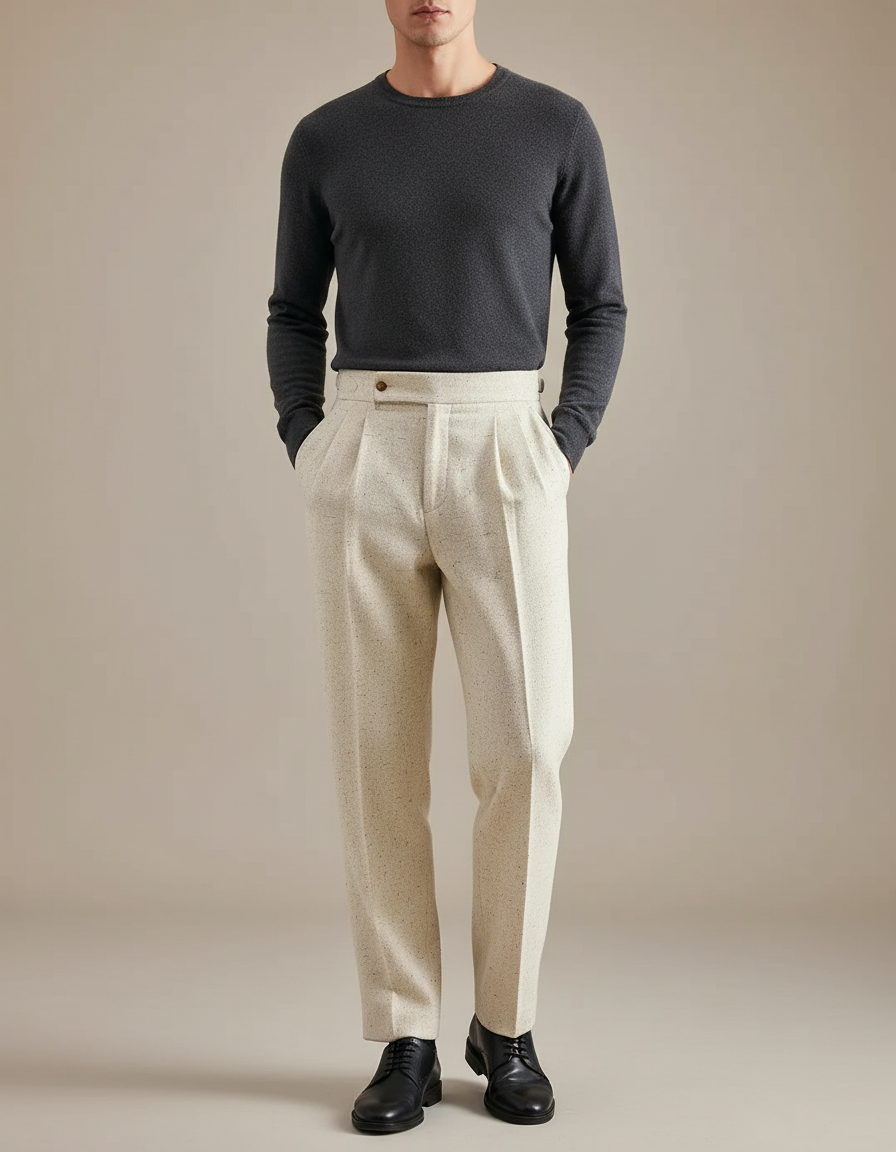 Pantalon À Pince Crème Tweed Plissé Droit Homme - Beige