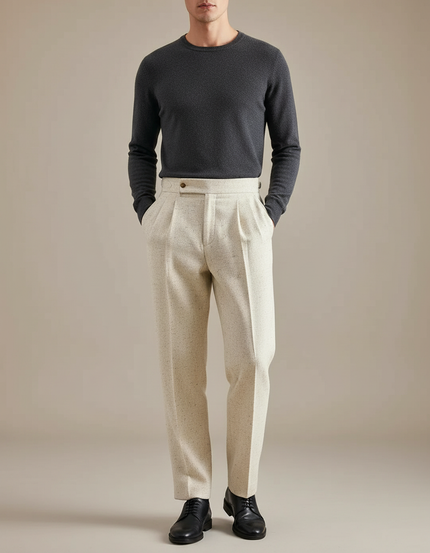 Pantalon À Pince Crème Tweed Plissé Droit Homme - Beige