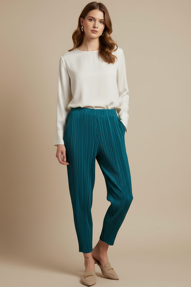Pantalon À Pince Plissé Vert Émeraude Fluide Confortable - Polyester