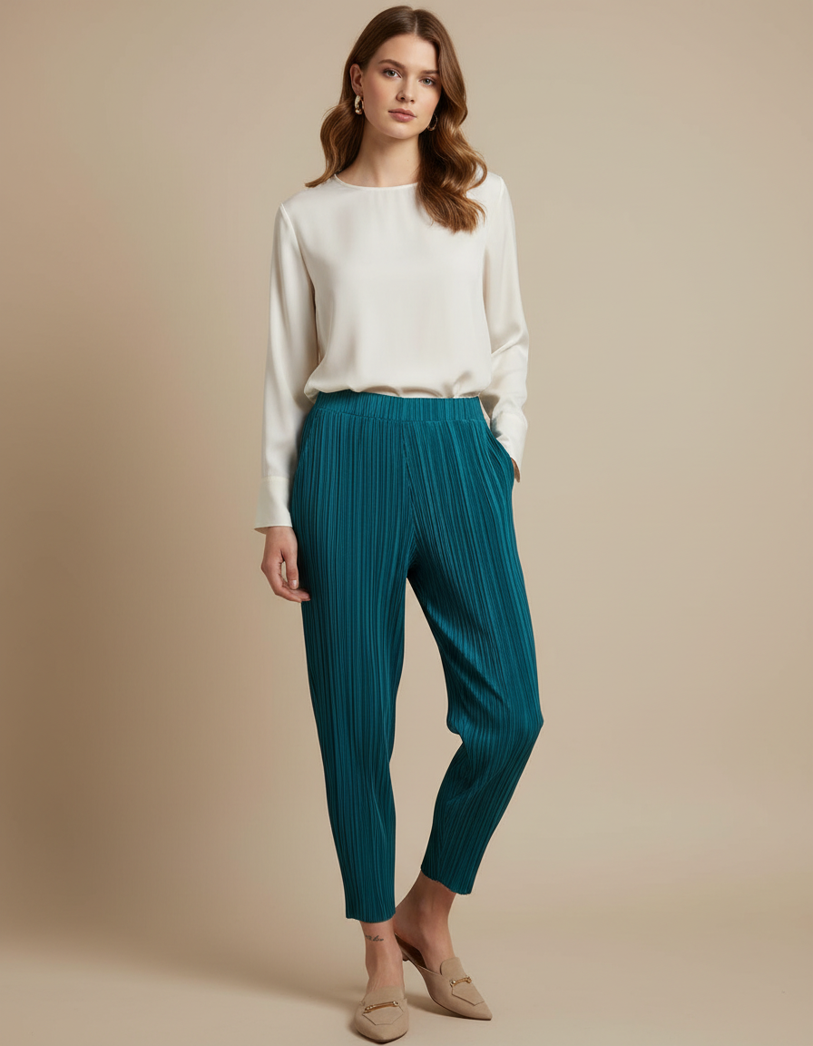 Pantalon À Pince Plissé Vert Émeraude Fluide Confortable - Polyester
