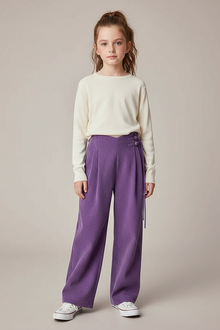 Pantalon À Pince Violet Côtelé Fluide Velours Taille Haute - Cordé