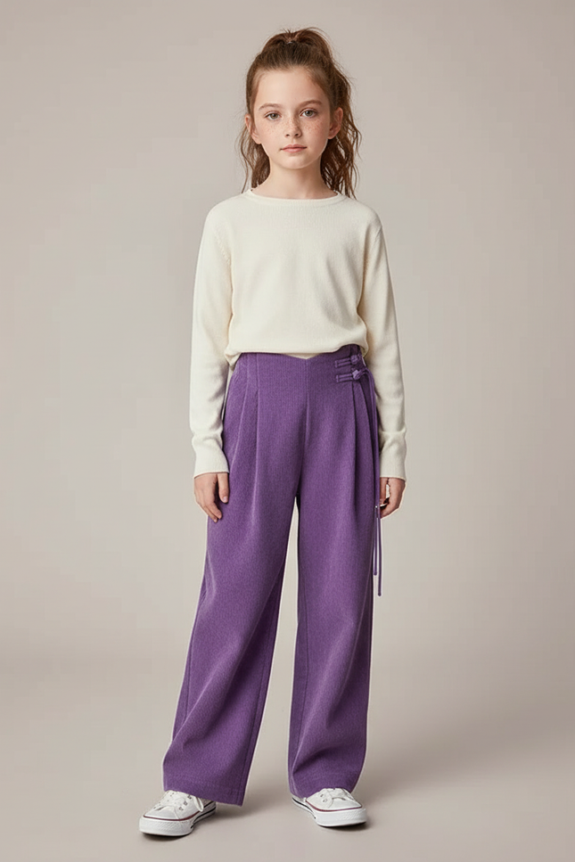 Pantalon À Pince Violet Côtelé Fluide Velours Taille Haute - Cordé