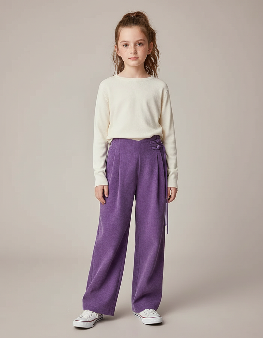Pantalon À Pince Violet Côtelé Fluide Velours Taille Haute - Cordé