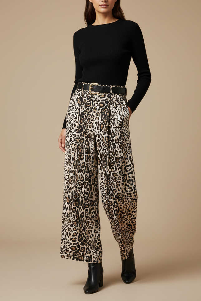 Pantalon À Pince Léopard Ample Fluide Taille Haute - Imprimé Viscose