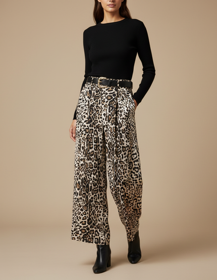 Pantalon À Pince Léopard Ample Fluide Taille Haute - Imprimé Viscose