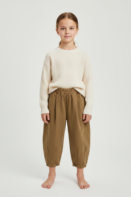 Pantalon À Pince Marron Coton Ample Enfant - Kaki Molleton