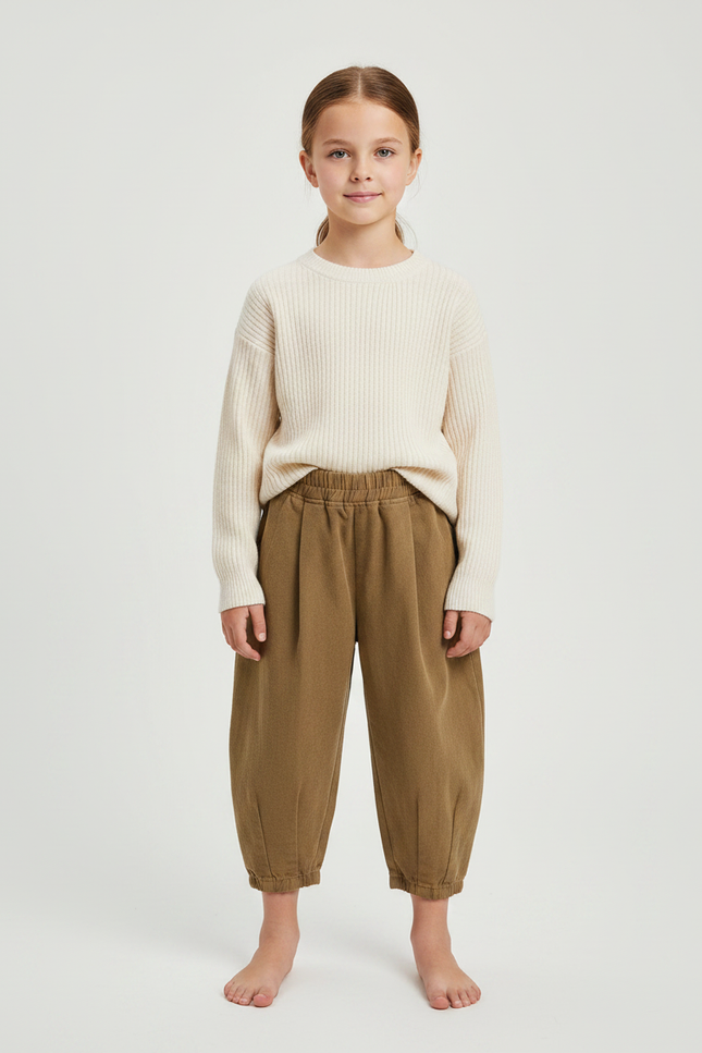 Pantalon À Pince Marron Coton Ample Enfant - Kaki Molleton