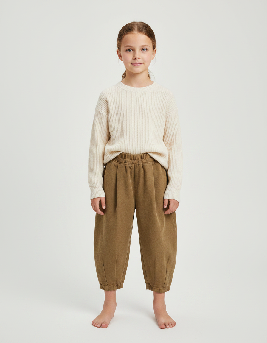 Pantalon À Pince Marron Coton Ample Enfant - Kaki Molleton