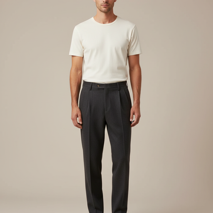 Pantalon À Pince Gris Foncé Plissé Laine Droit Homme
