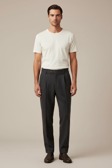 Pantalon À Pince Gris Foncé Plissé Laine Droit Homme