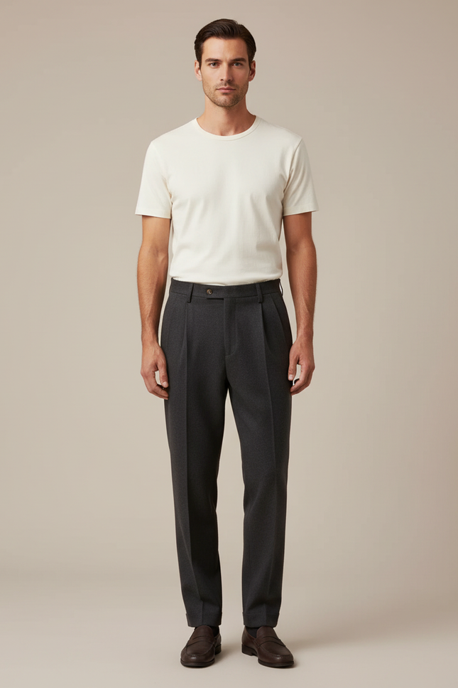 Pantalon À Pince Gris Foncé Plissé Laine Droit Homme