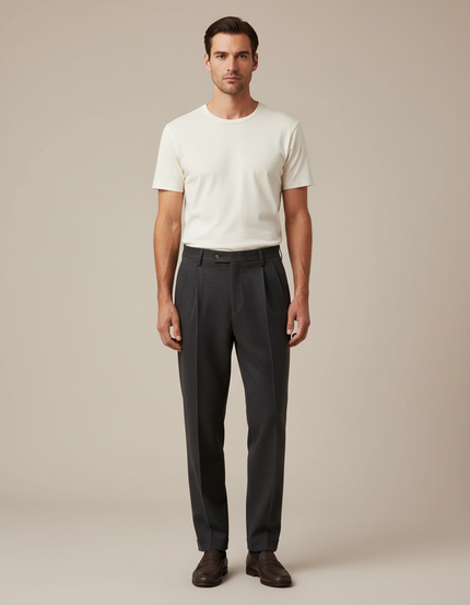 Pantalon À Pince Gris Foncé Plissé Laine Droit Homme