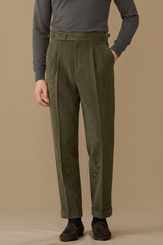 Pantalon À Pince Vert Olive Velours Côtelé Plissé Homme - Cordé