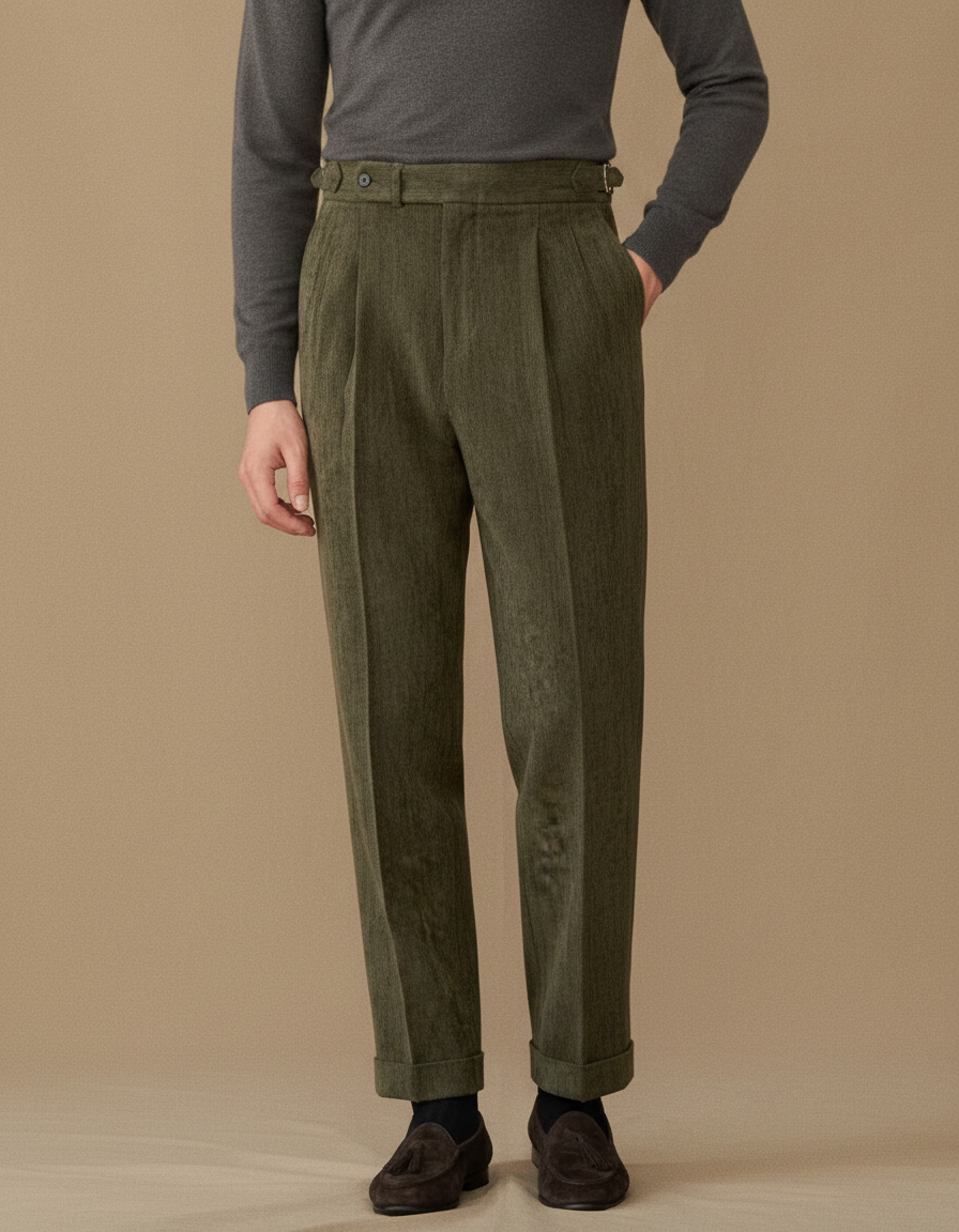 Pantalon À Pince Vert Olive Velours Côtelé Plissé Homme - Cordé