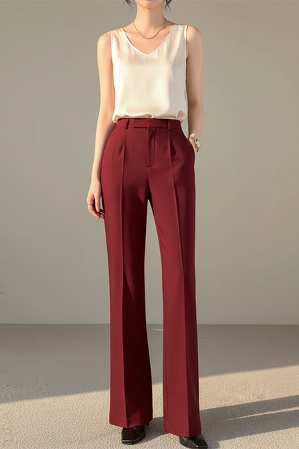 Pantalon À Pince Bordeaux Fluide Taille Haute Élégant - Polyester