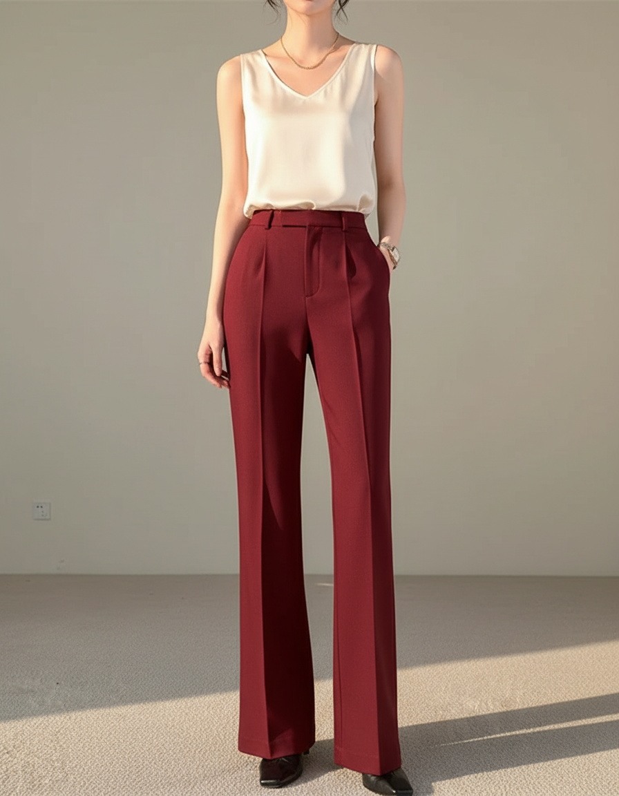 Pantalon À Pince Bordeaux Fluide Taille Haute Élégant - Polyester