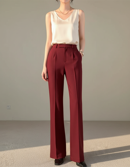 Pantalon À Pince Bordeaux Fluide Taille Haute Élégant - Polyester