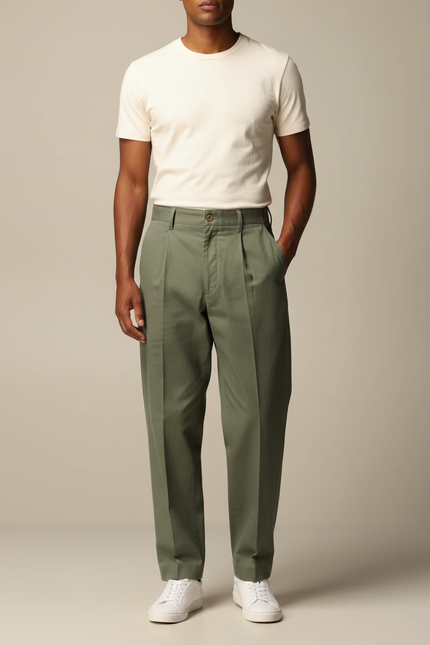 Pantalon À Pince Kaki Droit Coton Homme Décontracté - Gabardine