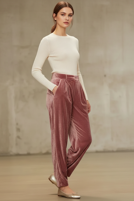 Pantalon Velours À Pinces Femme - Rose