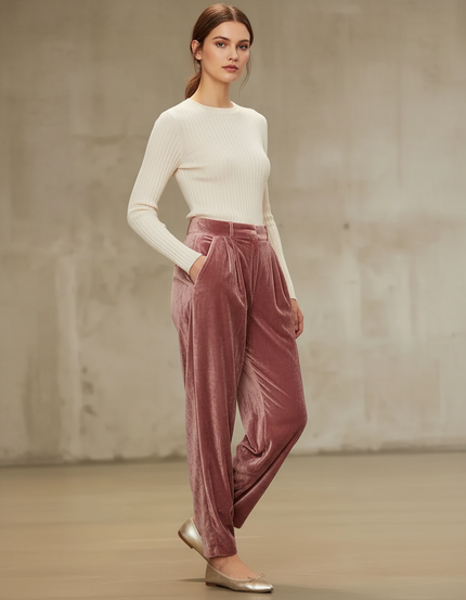 Pantalon Velours À Pinces Femme - Rose