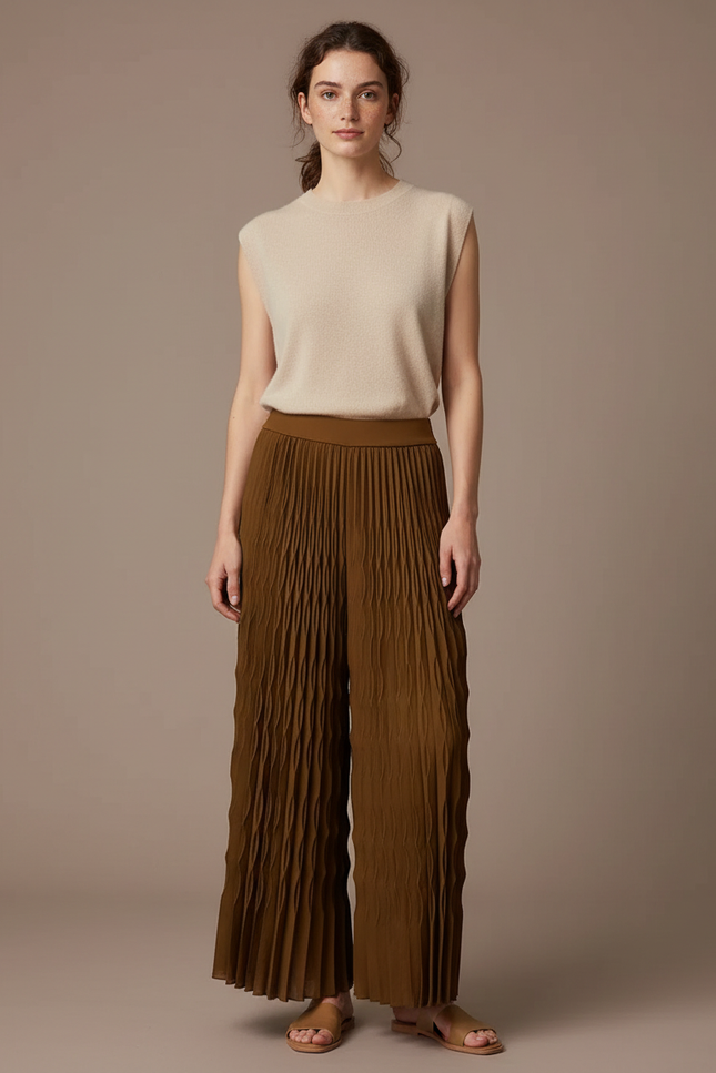 Pantalon À Pince Plissé Marron Fluide Ample Femme - Kaki Polyester