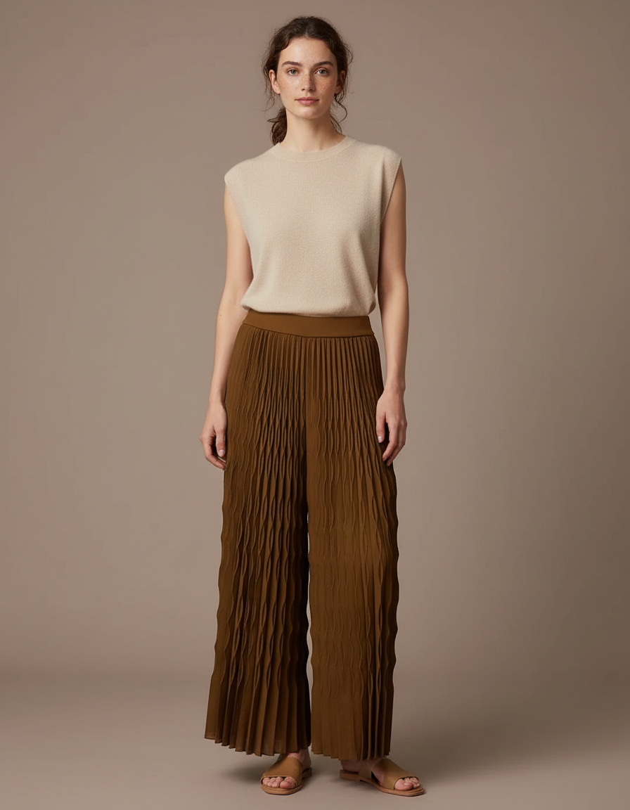 Pantalon À Pince Plissé Marron Fluide Ample Femme - Kaki Polyester