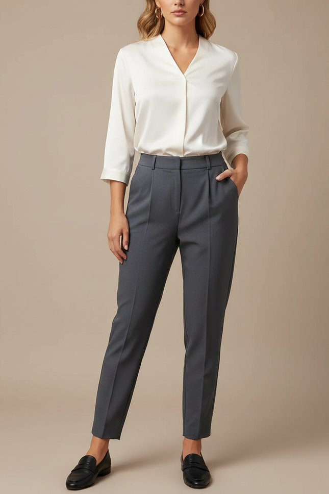 Pantalon À Pince Gris Élégant Taille Haute Fuselé - Gabardine