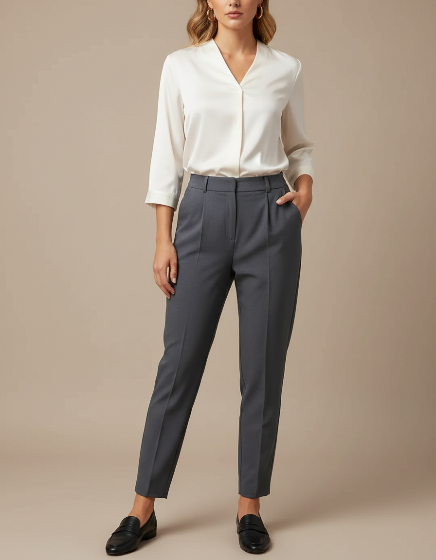 Pantalon À Pince Gris Élégant Taille Haute Fuselé - Gabardine