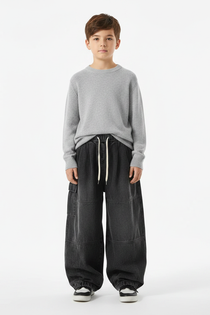 Pantalon À Pince Noir Cargo Ample Cordon Décontracté - Jean