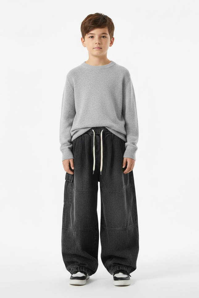 Pantalon À Pince Noir Cargo Ample Cordon Décontracté - Jean