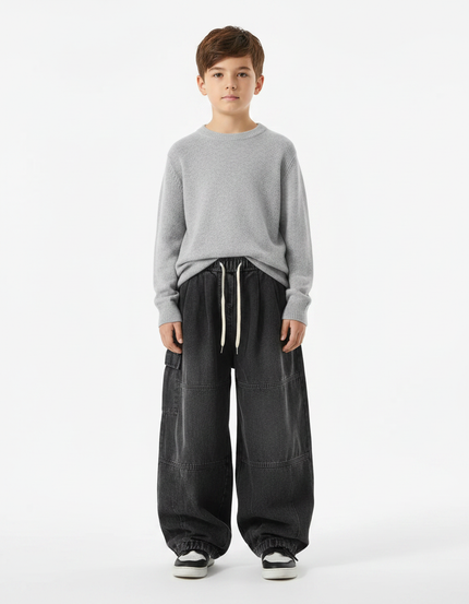 Pantalon À Pince Noir Cargo Ample Cordon Décontracté - Jean