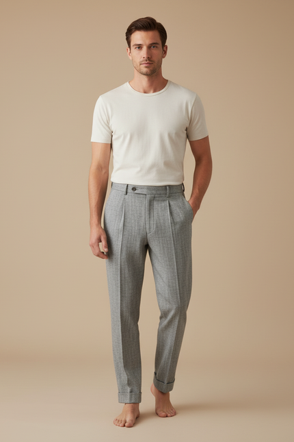 Pantalon À Pince Gris Chiné Plissé Droit Homme - Tweed