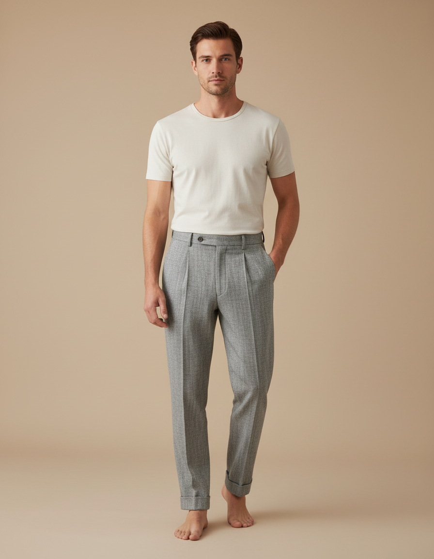 Pantalon À Pince Gris Chiné Plissé Droit Homme - Tweed