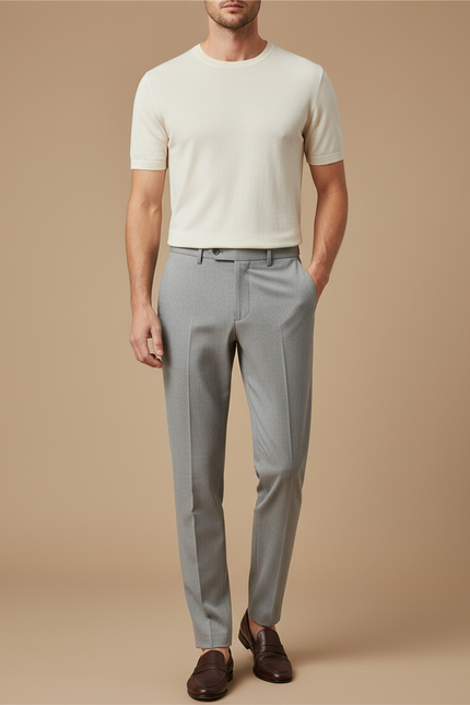Pantalon À Pince Gris Clair Micro-Motif Slim Élégant - Laine