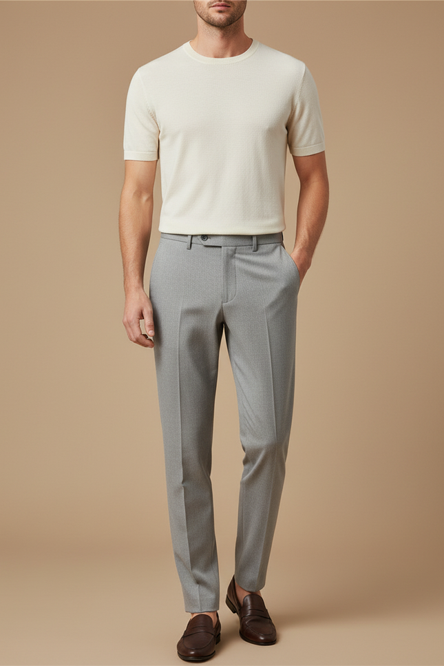 Pantalon À Pince Gris Clair Micro-Motif Slim Élégant - Laine