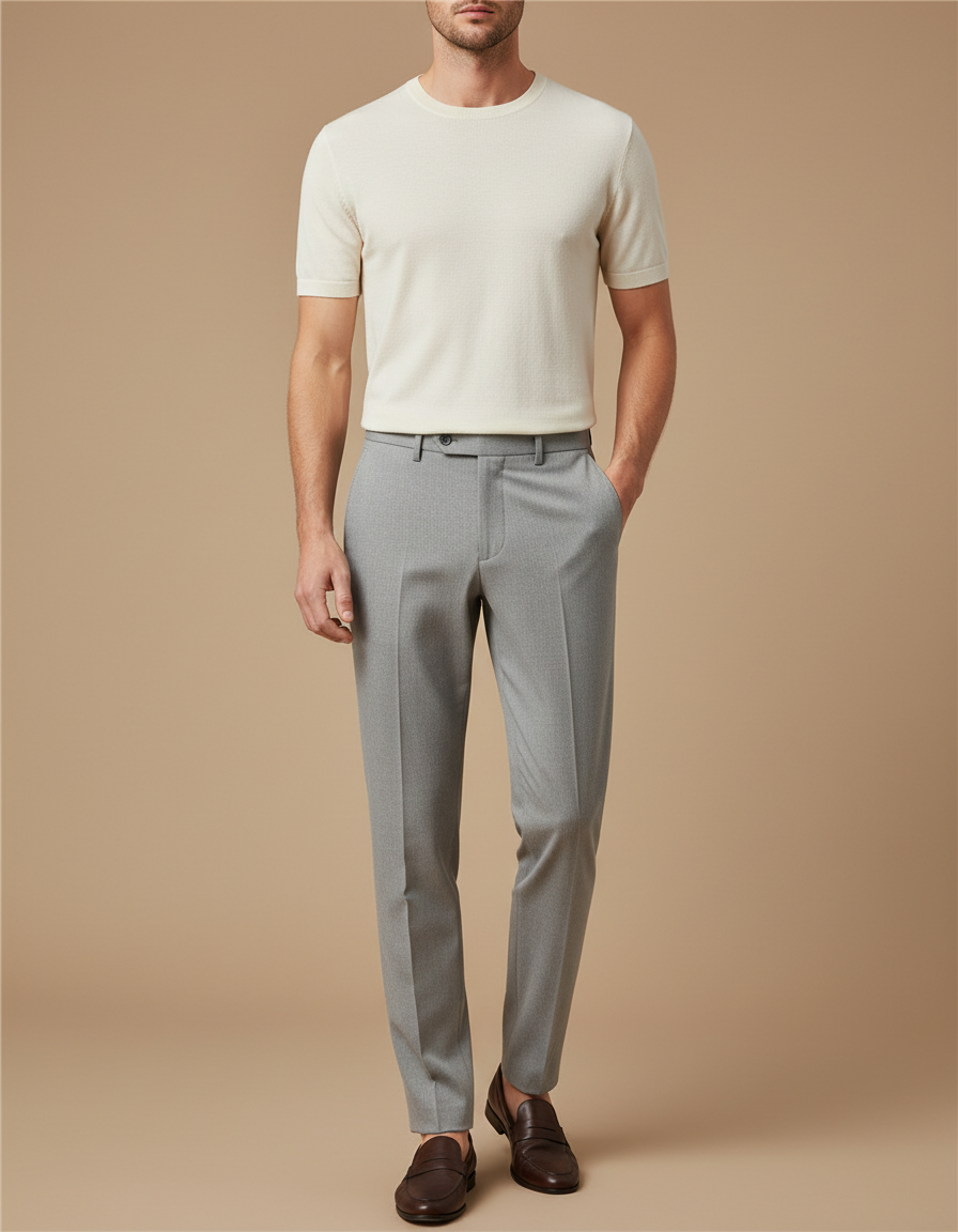 Pantalon À Pince Gris Clair Micro-Motif Slim Élégant - Laine