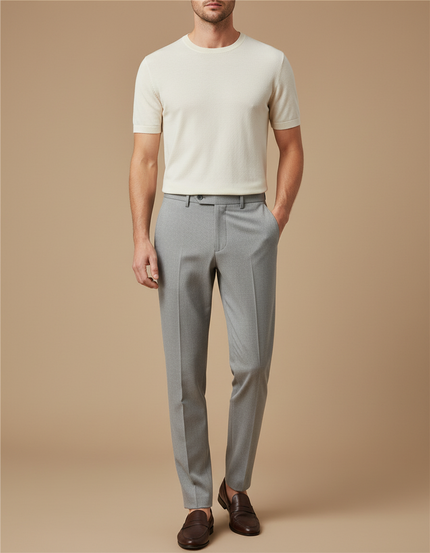 Pantalon À Pince Gris Clair Micro-Motif Slim Élégant - Laine